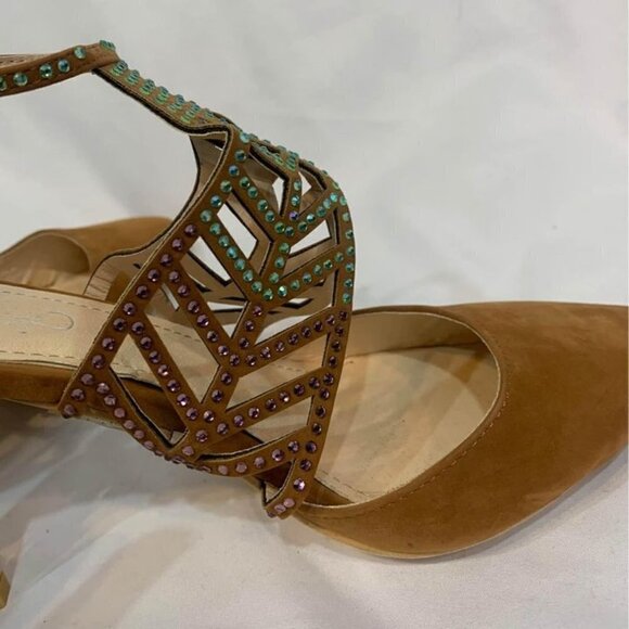 WOMAN’S formal pumps. Carmel faux suede. Rhinestone embellishments. Unique. - Picture 8 of 9